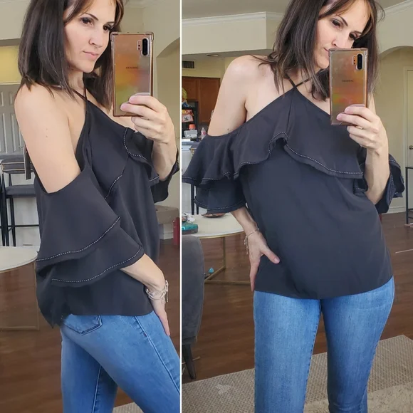 Gibson Latimer Sleeveless Black Ruffle Top - Picture 2 of 5